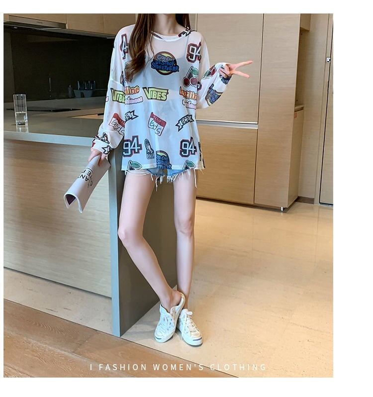 超人気 個性派 ルーズ 日焼け防止に透け感 Tシャツins-8052