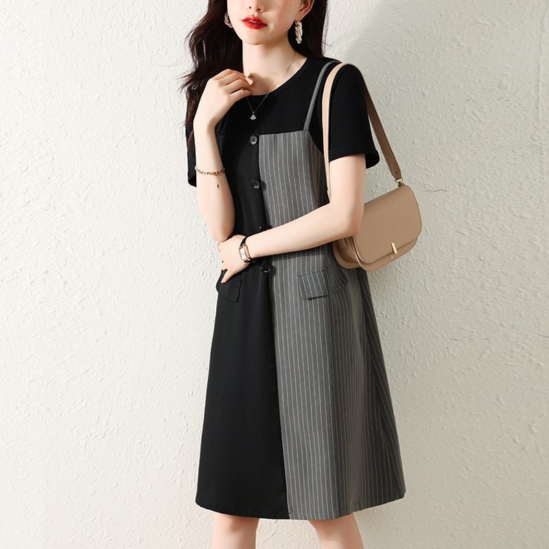 売り切れ必至 ファッション レイヤード風 半袖ワンピースins-8309