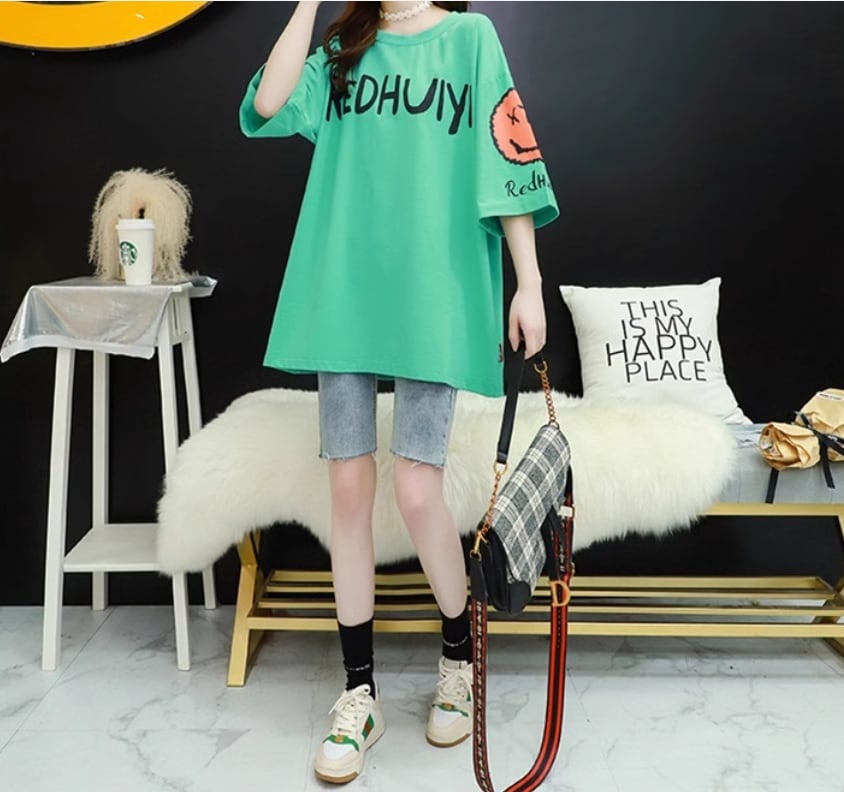 着回し力抜群 ゆったりロング丈切り替え三色半袖Tシャツins-8121