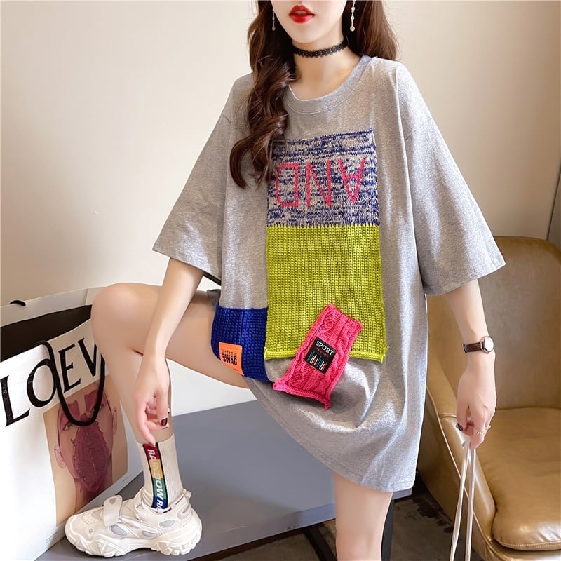 【半額!期間限定!!】ゆったりロング丈切り替え三色半袖Tシャツins-1565