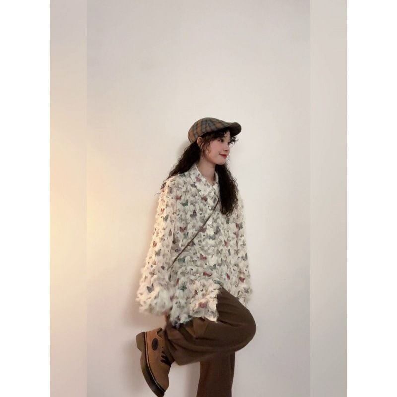 話題沸騰中 カジュアル  美人度アップ  タッセル 花柄 シャツins-4934