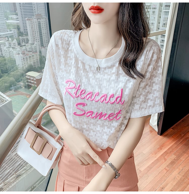 【半額!期間限定!!】大活躍 定番シンプル シフォン 刺繍 全3色 Tシャツ カットソー ins-8601