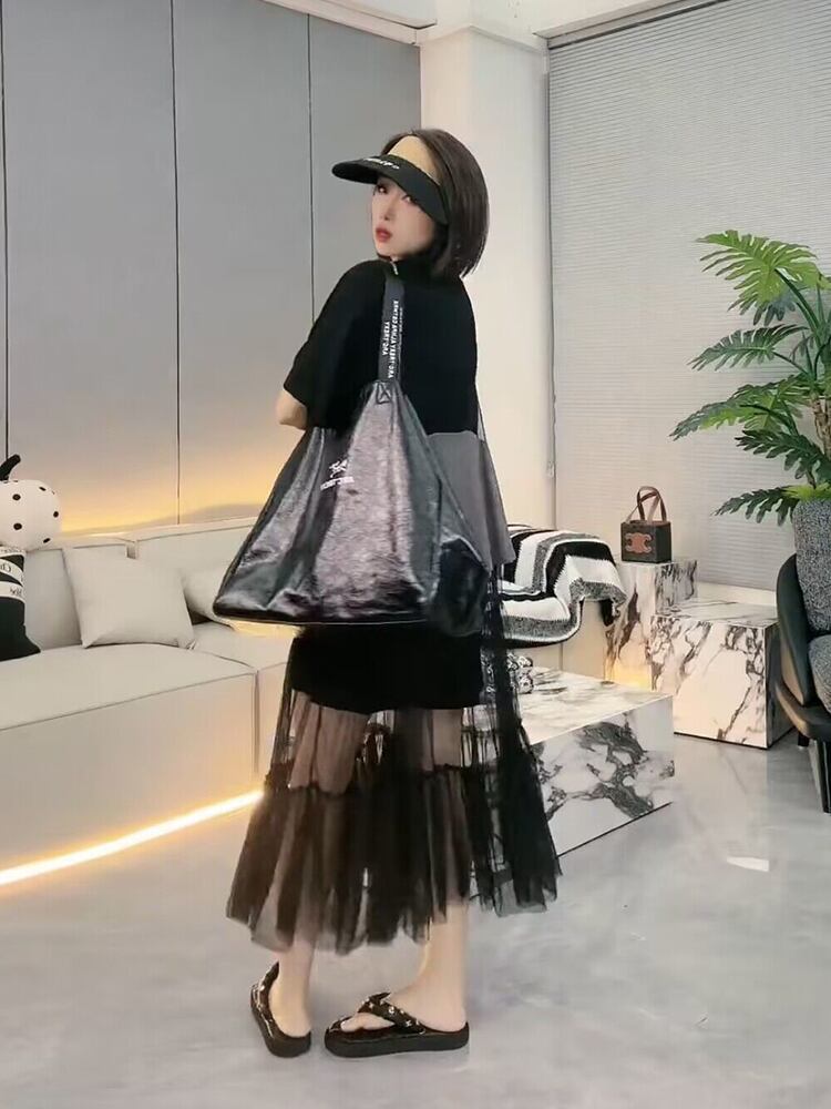 絶対欲しい ファッション レイヤード風 プリント ゆったり 2点セット 半袖ワンピースins-8160