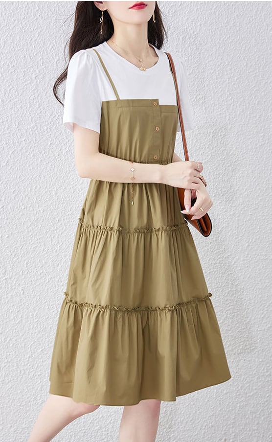 売り切れ必至 ファッション レイヤード風 切り替え 半袖ワンピースins-8411