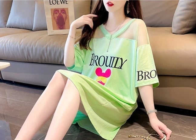 売り切れ必至 セクシー Vネック 切り替え チュール プリントTシャツ ゆったりワンピース ins-3050