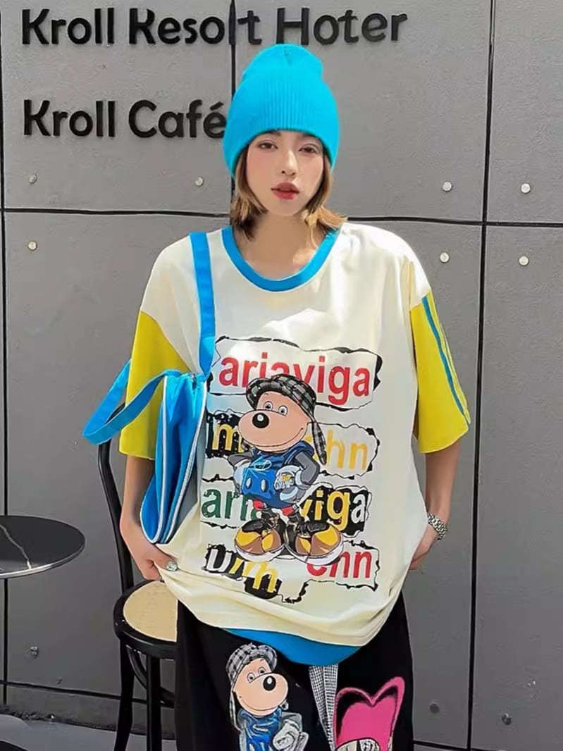 話題沸騰中 カジュアル ゆったり プリント カラーマッチング 半袖Tシャツins-8067