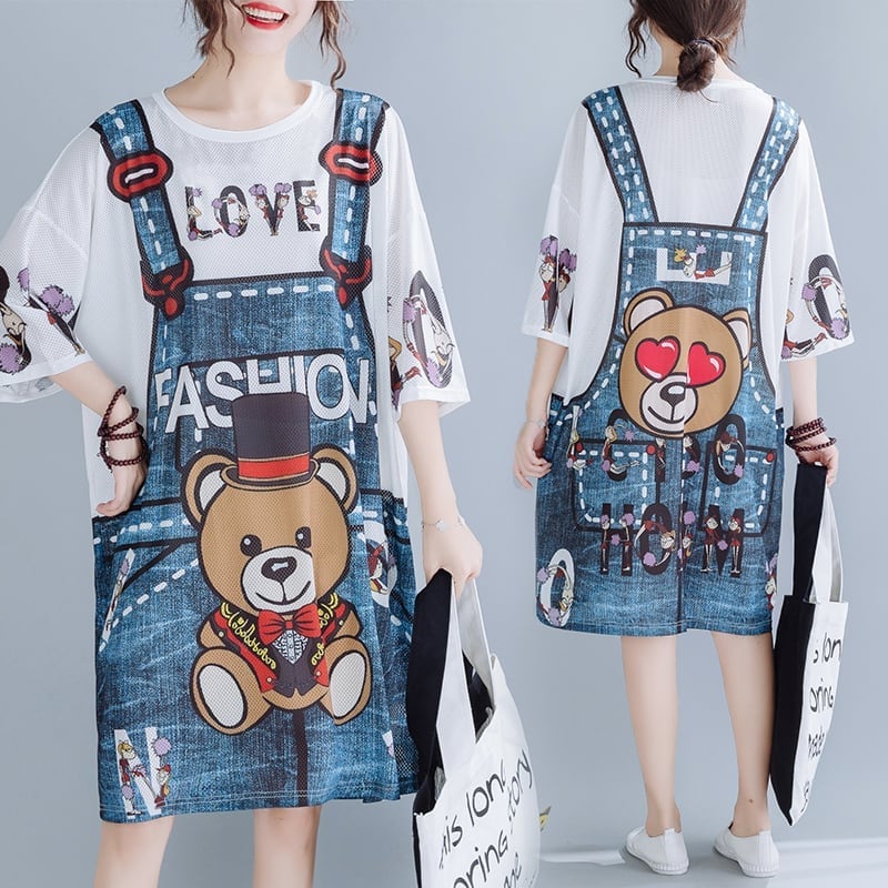 旅行Tシャツ レディース 夏 膝丈 プリント 大きいサイズ ゆったりさらっと涼しい ins-656