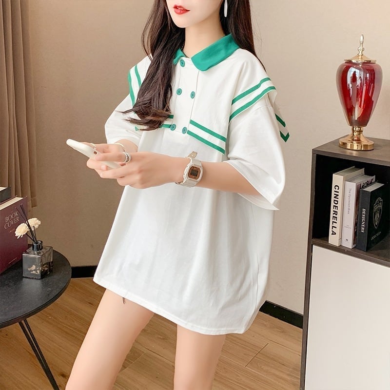 絶対欲しい セーラーカラー ロング Tシャツ 三色 ゆったりワンピースins-4028