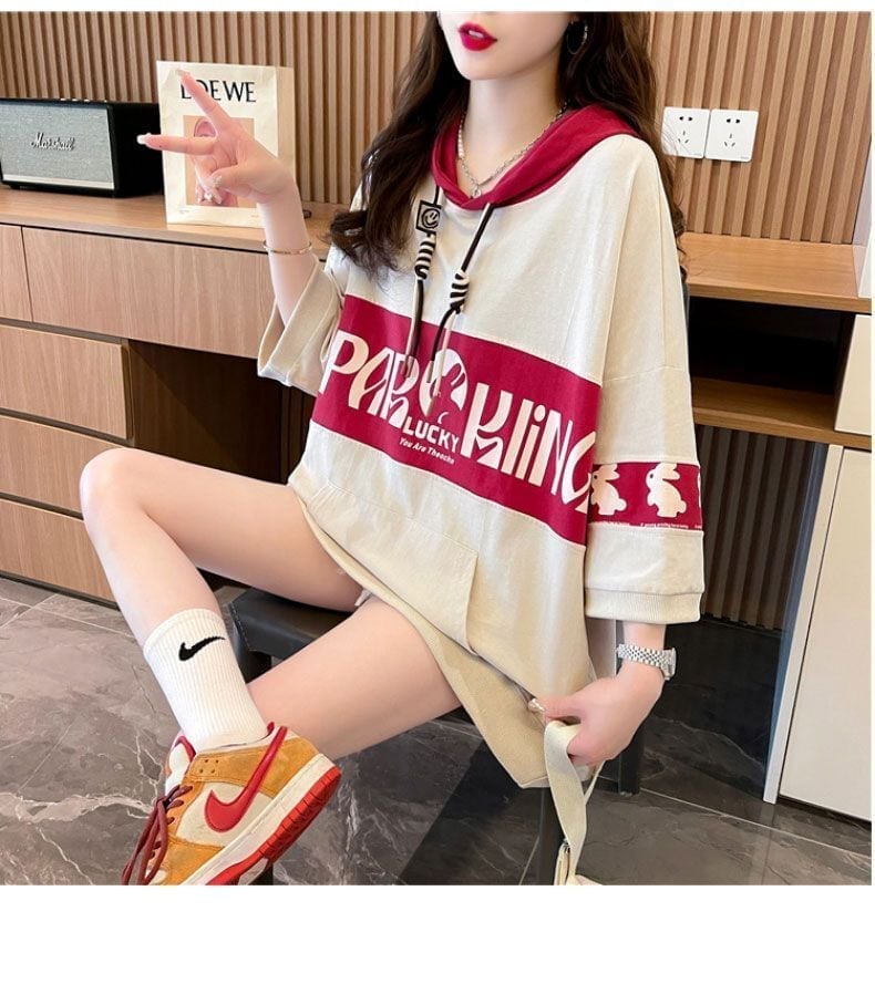 【半額!期間限定!!】大人気 切り替え ウサギちゃん プリント 配色 ロング半袖パーカーins-4004