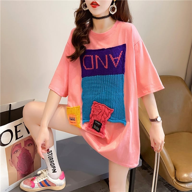 【半額!期間限定!!】ゆったりロング丈切り替え三色半袖Tシャツins-1565