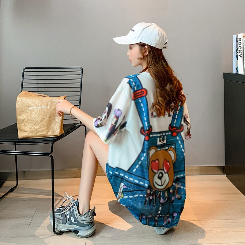 旅行Tシャツ レディース 夏 膝丈 プリント 大きいサイズ ゆったりさらっと涼しい ins-656