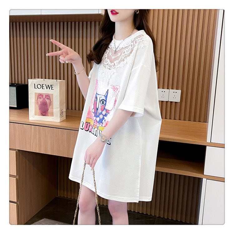 新商品 キュート 透かし彫り レース 切り替え ゆったり 半袖Tシャツins-8472