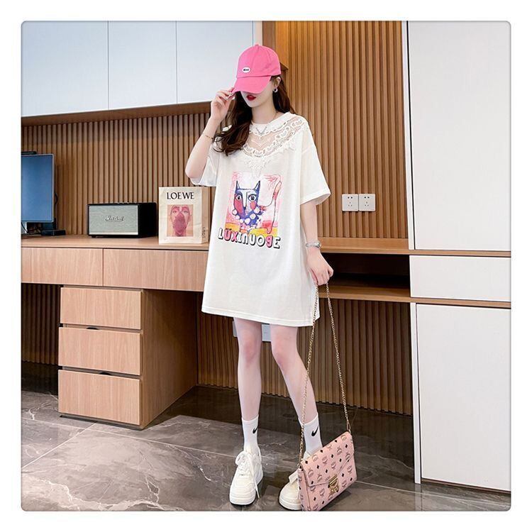 新商品 キュート 透かし彫り レース 切り替え ゆったり 半袖Tシャツins-8472