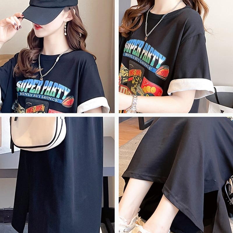 スタイリッシュ 一目惚れ プリント Tシャツ カットソー ワンピースins-3575