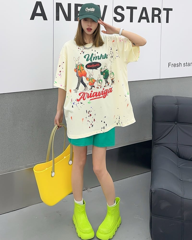早い者勝ち ファッション キュート ルーズ 落書き風 プリント半袖Tシャツ 全3色ins-4913