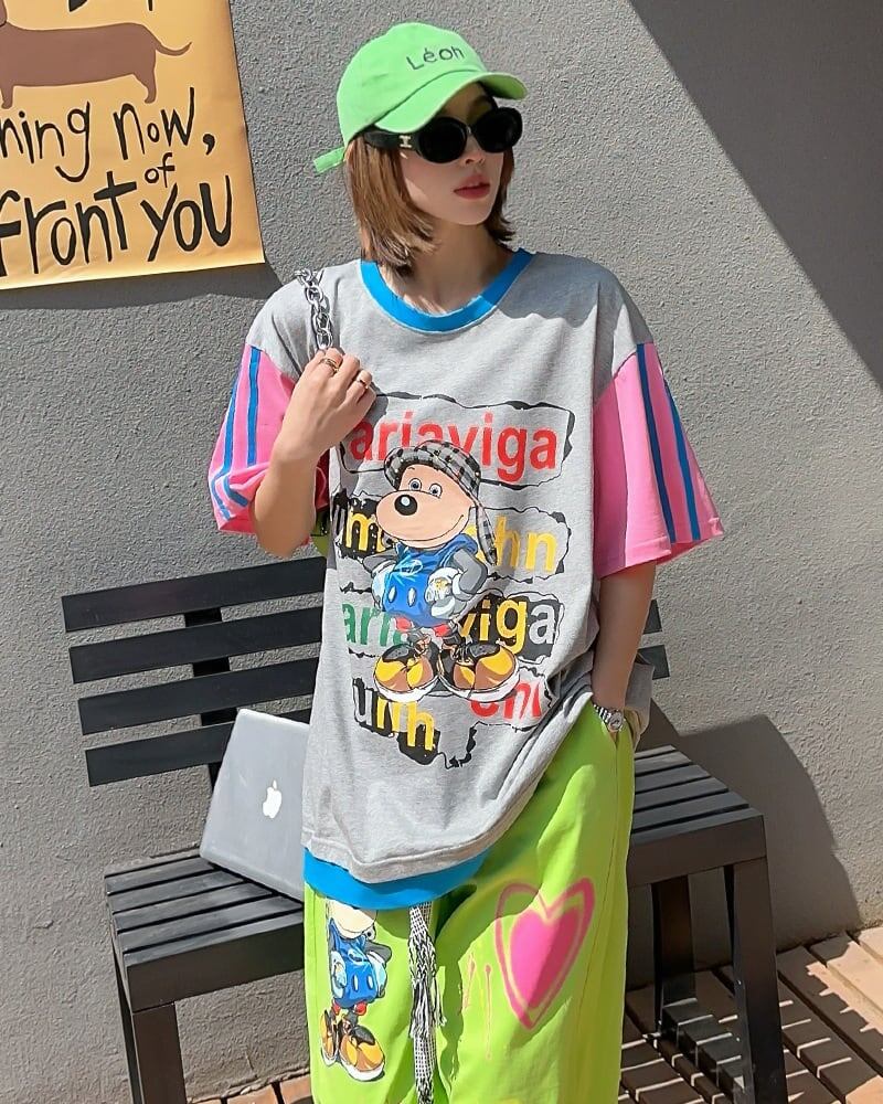 話題沸騰中 カジュアル ゆったり プリント カラーマッチング 半袖Tシャツins-8067