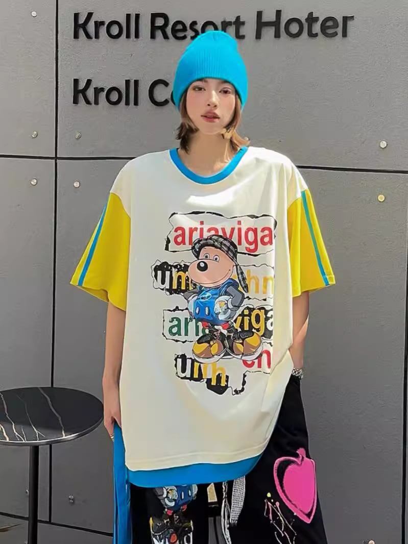 話題沸騰中 カジュアル ゆったり プリント カラーマッチング 半袖Tシャツins-8067