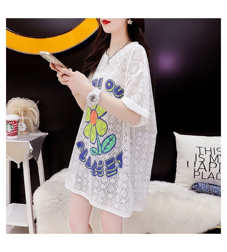 【半額!期間限定!!】新商品 一目惚れ 切り替え 透かし彫り プリント Tシャツ カットソーins-8523