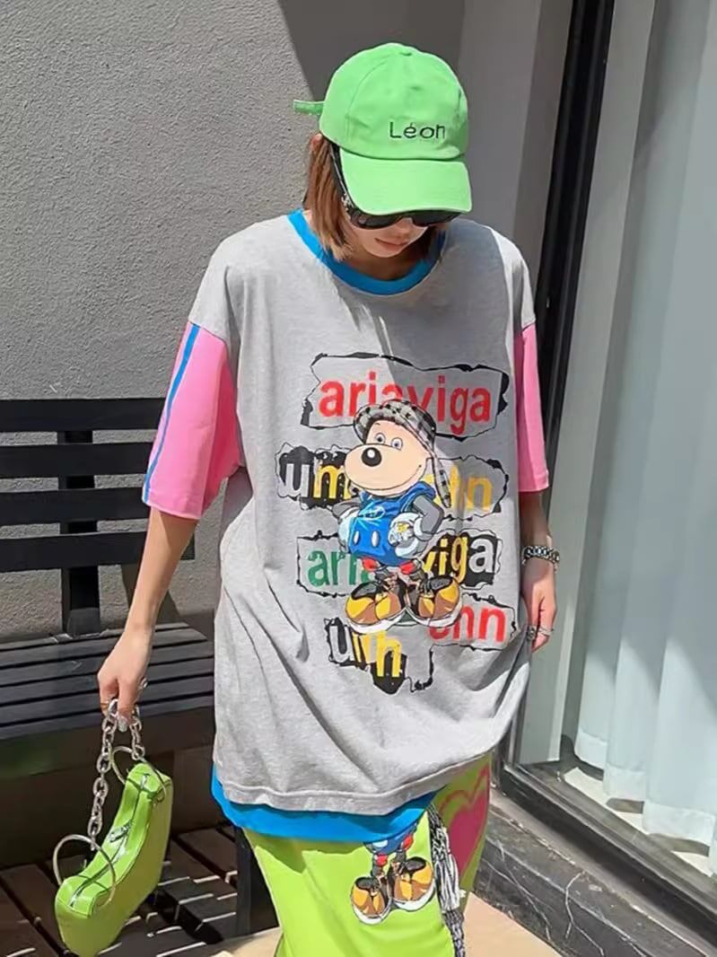 話題沸騰中 カジュアル ゆったり プリント カラーマッチング 半袖Tシャツins-8067