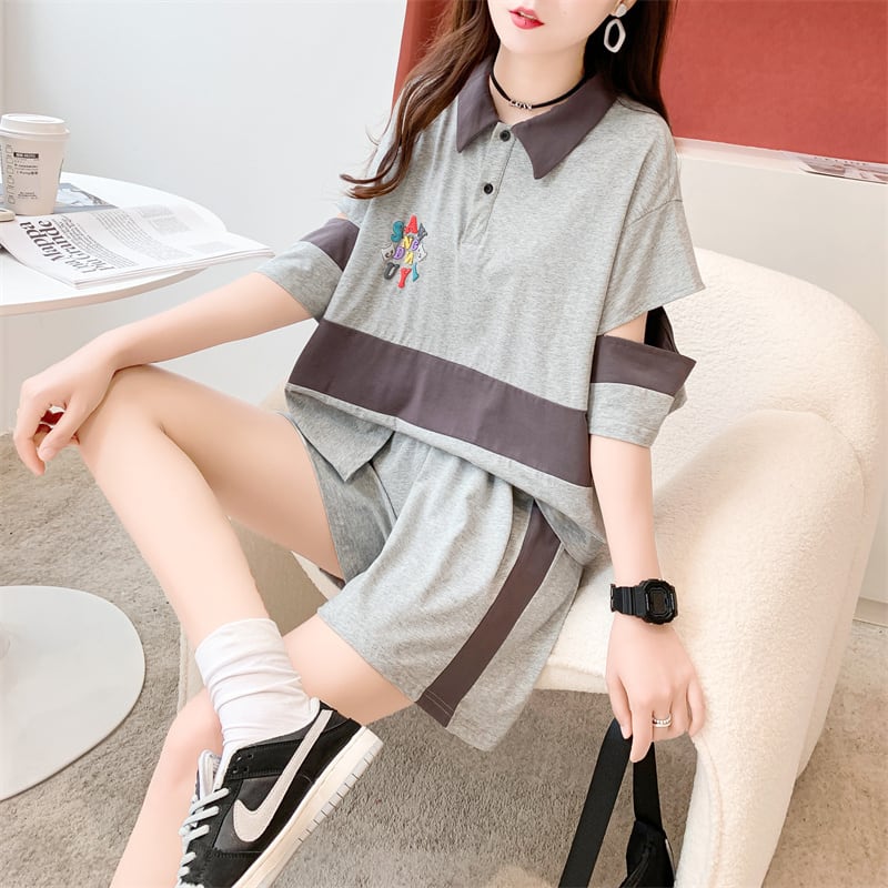 おすすめ カジュアル 切り替え 半袖Tシャツⅹパンツセット全2色 ins-8281