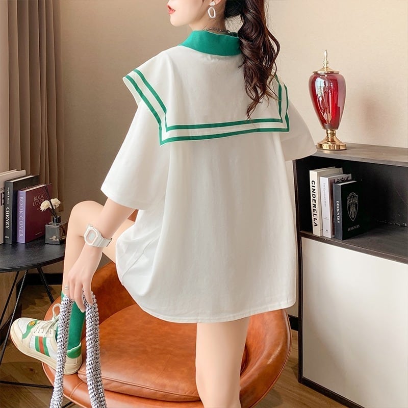絶対欲しい セーラーカラー ロング Tシャツ 三色 ゆったりワンピースins-4028