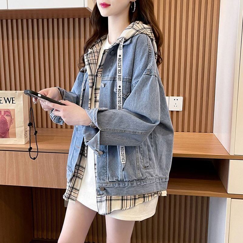 大活躍 レイヤード風 デニムジャケット パーカーins-8049