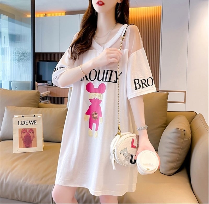 売り切れ必至 セクシー Vネック 切り替え チュール プリントTシャツ ゆったりワンピース ins-3050