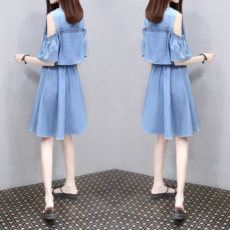 超人気 ファッション レイヤード風  切り替え デニム 半袖ワンピースins-8352