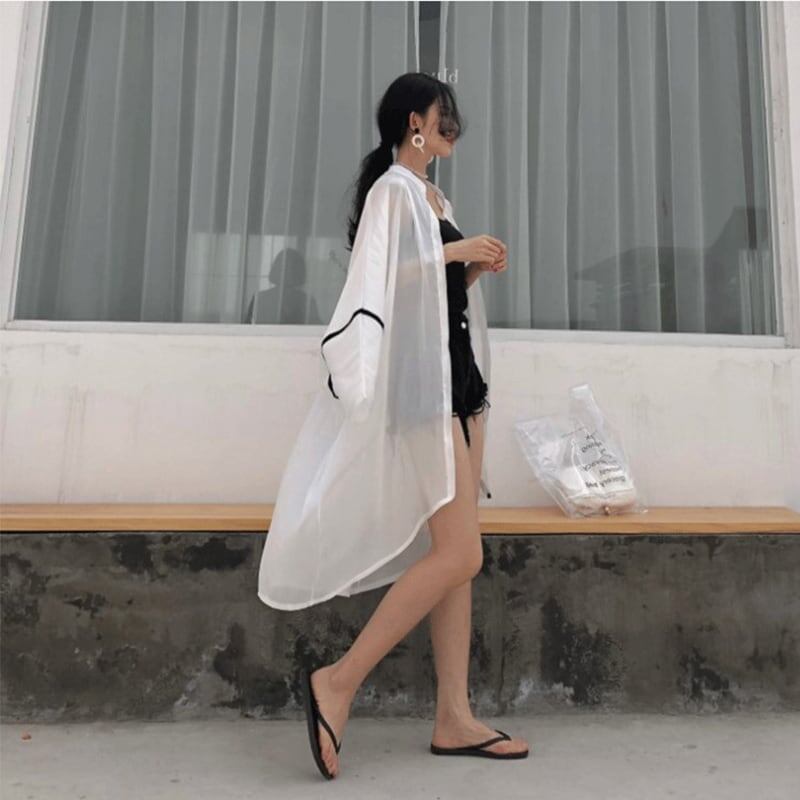 韓国系ゆったりUVカットロング丈薄手シャツins-1714