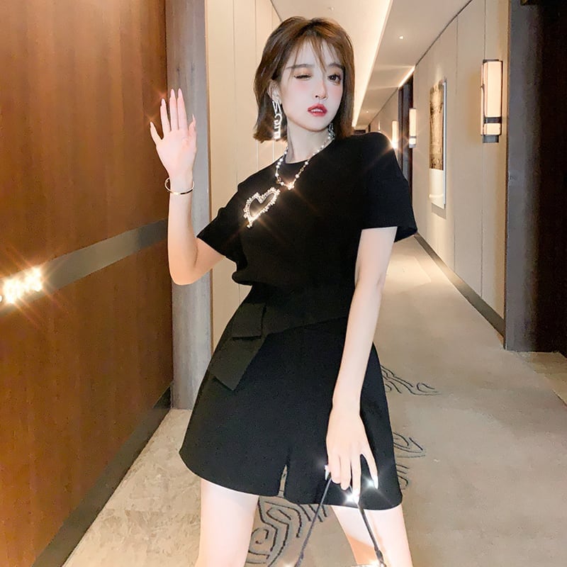 オシャレ度満点 一目惚れ 切り替え Tシャツ+ショートパンツ セットアップins-3573