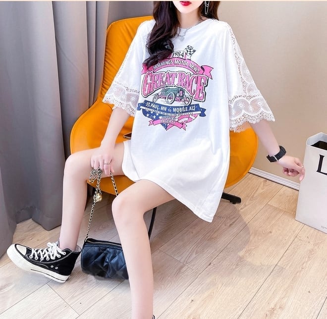 新作 ロング プリントTシャツ 半袖 ピンクins-2810