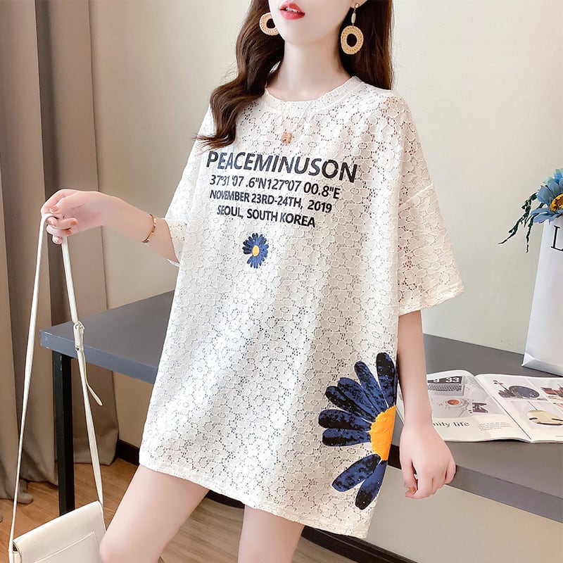 【半額!期間限定!!】美人度アップ 大好評 レース 透かし彫り プリント 半袖Tシャツ カットソー ins-8624
