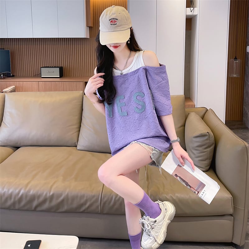 新商品 カジュアル ゆったり プリント オープンショルダー 2色 半袖Tシャツins-8282