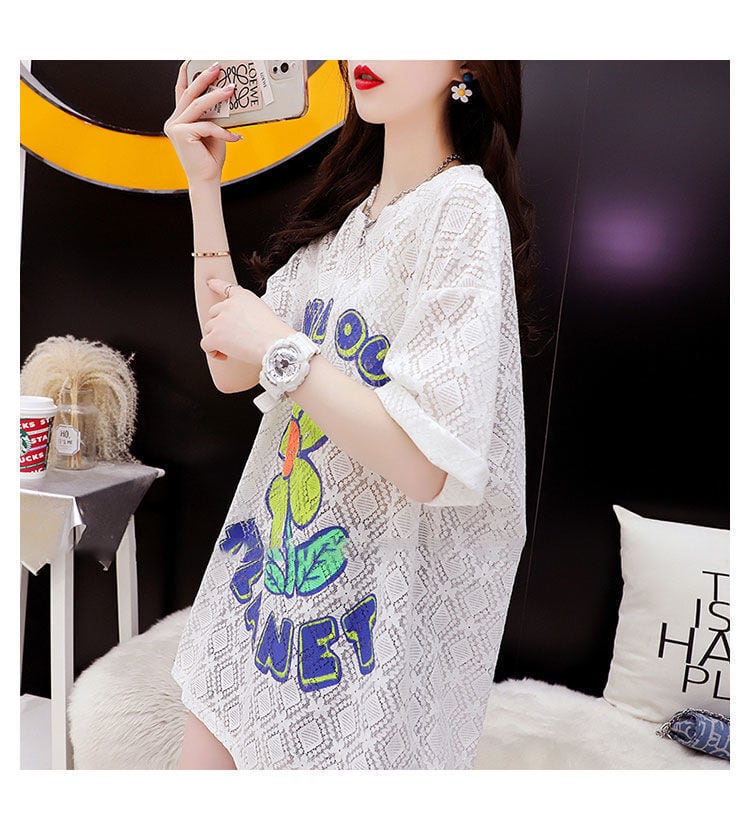 【半額!期間限定!!】新商品 一目惚れ 切り替え 透かし彫り プリント Tシャツ カットソーins-8523