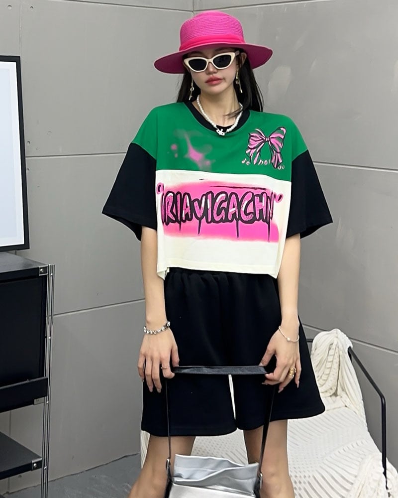 着回し力抜群 韓国系 切り替え三色 ゆったり半袖Tシャツ ins-8455