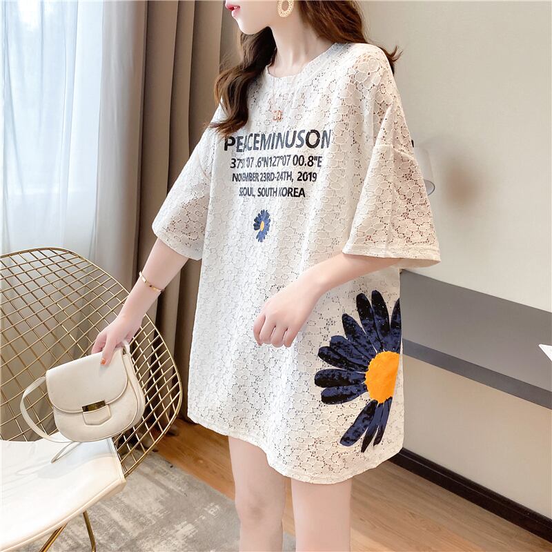 【半額!期間限定!!】美人度アップ 大好評 レース 透かし彫り プリント 半袖Tシャツ カットソー ins-8624