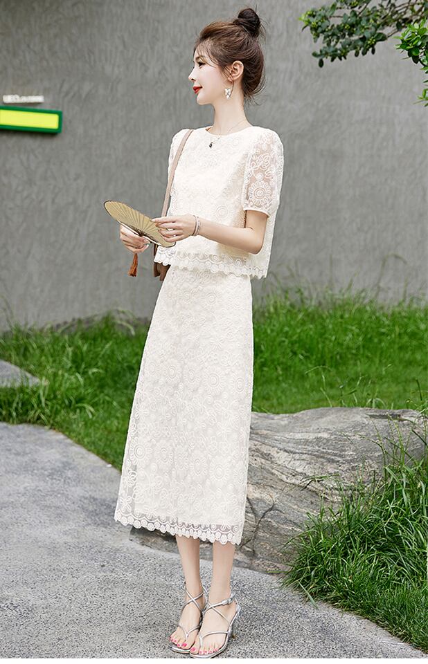 絶対欲しい上品 知的 レース 透かし彫り 半袖Tシャツⅹロングスカートセットins-8217