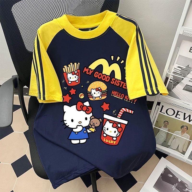 早い者勝ち カジュアル キュート 切り替え プリント 半袖Tシャツins-8618