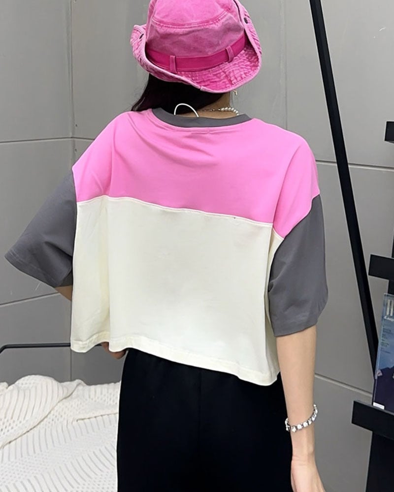 着回し力抜群 韓国系 切り替え三色 ゆったり半袖Tシャツ ins-8455