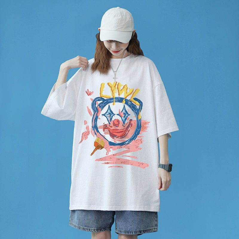 話題沸騰中 カジュアル ゆったり プリント 2色半袖Tシャツins-8159