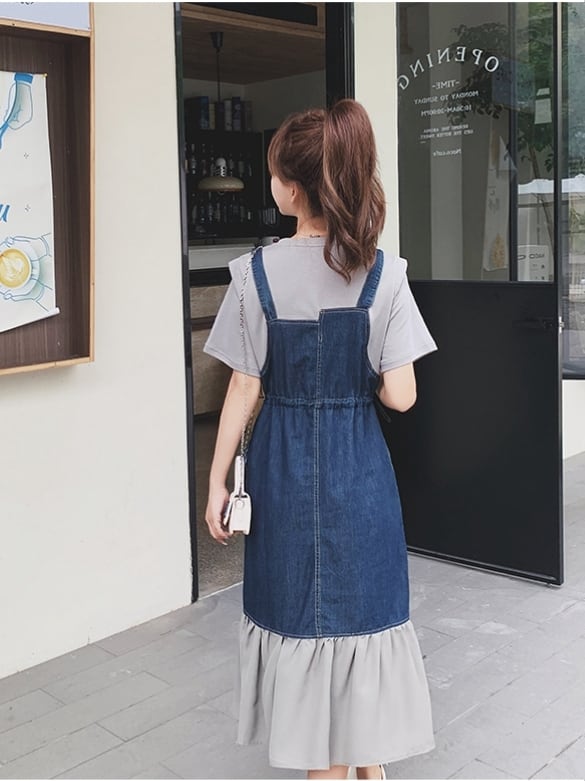 美人度アップ レイヤード風 デニム 半袖ワンピースins-8323