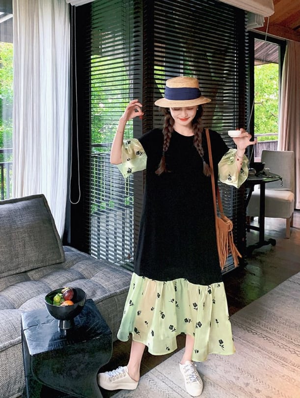 【半額!期間限定!!】話題沸騰中 新作 スウィート 切り替え 花柄 半袖 ワンピースins-8177