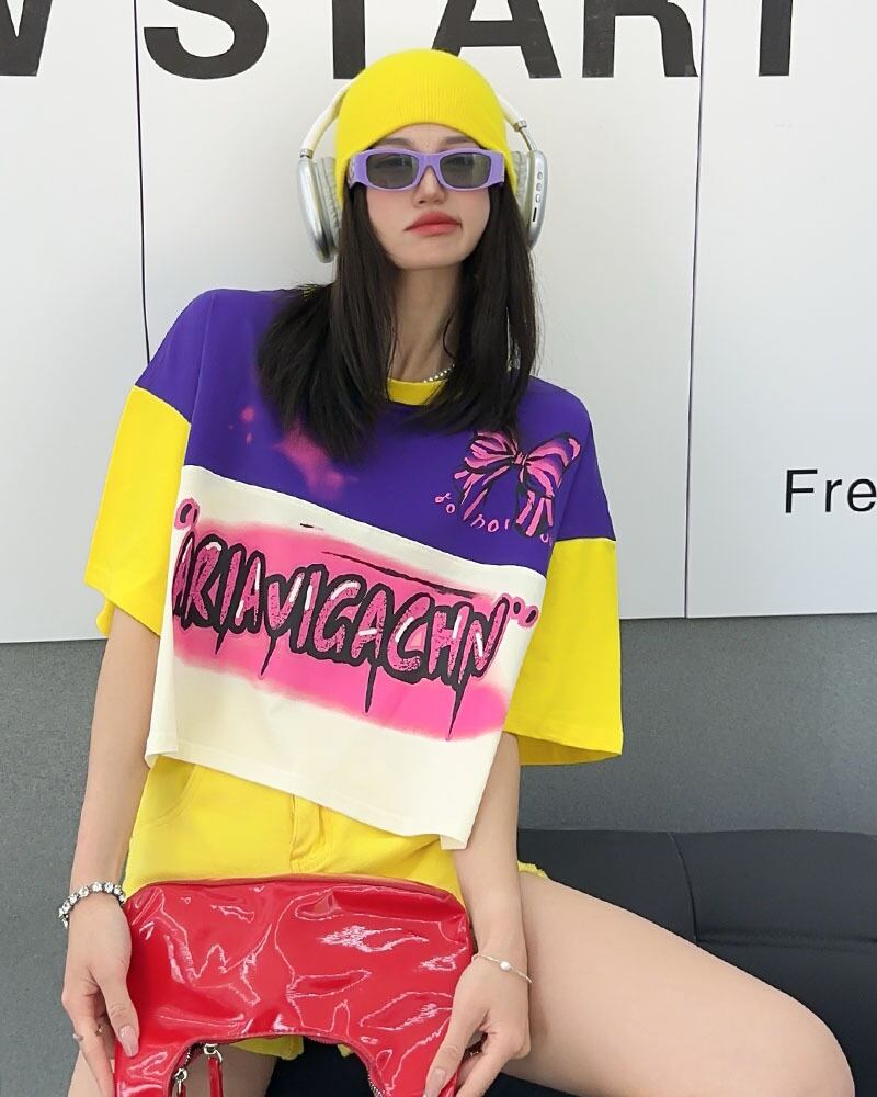 着回し力抜群 韓国系 切り替え三色 ゆったり半袖Tシャツ ins-8455