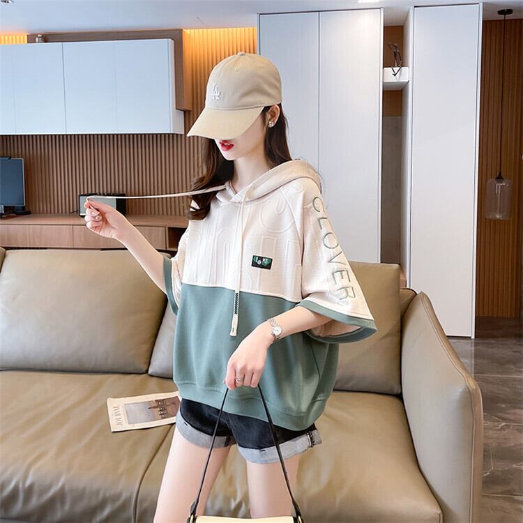 高級感 半袖 帽子付き Tシャツ スウェット ins-8640