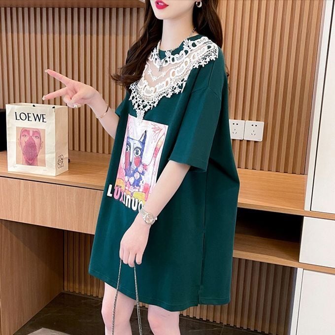 新商品 キュート 透かし彫り レース 切り替え ゆったり 半袖Tシャツins-8472