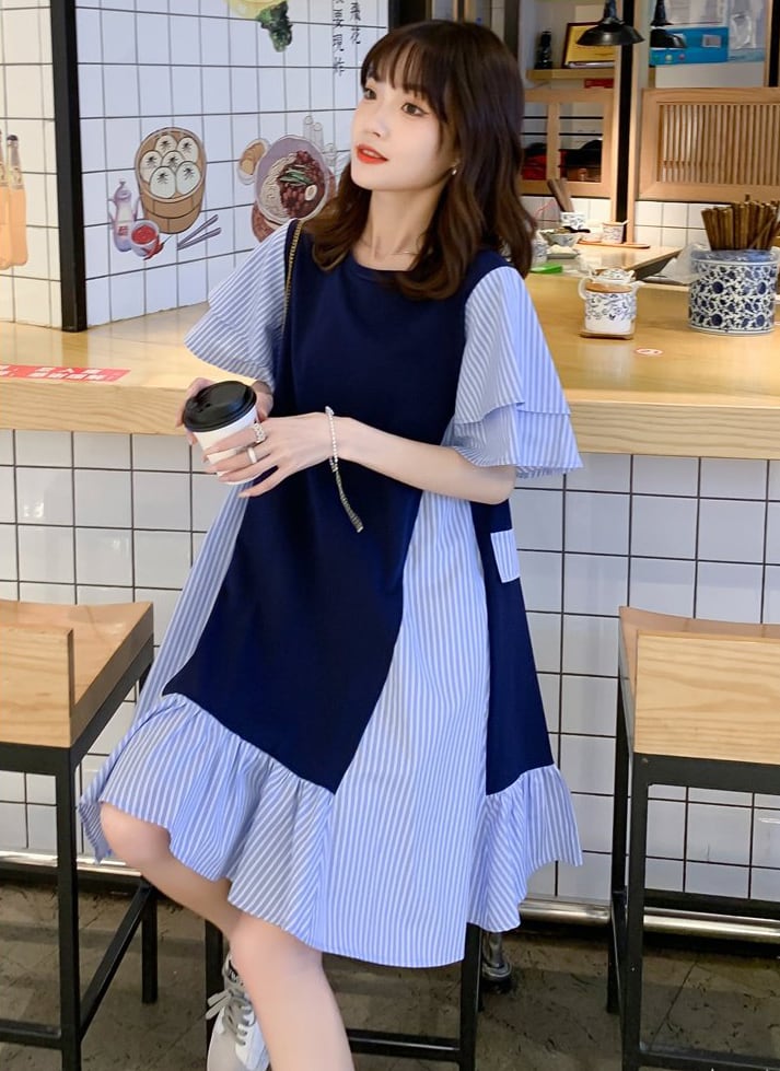 売り切れ必至 ファッション レイヤード風 ストライプ柄 半袖ワンピースins-8206