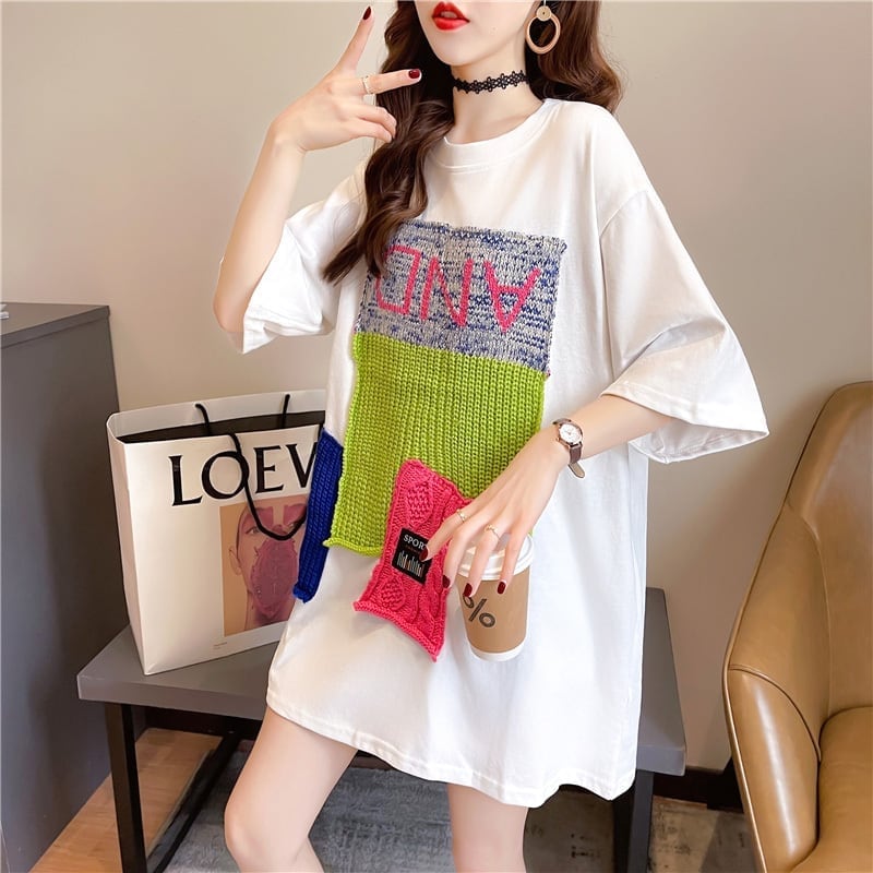 【半額!期間限定!!】ゆったりロング丈切り替え三色半袖Tシャツins-1565