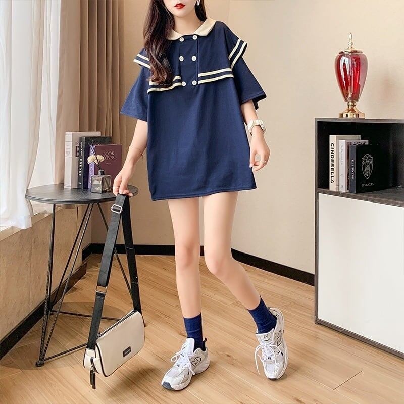 絶対欲しい セーラーカラー ロング Tシャツ 三色 ゆったりワンピースins-4028