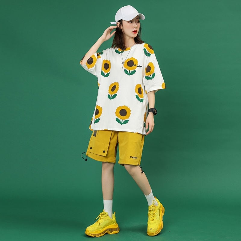 新商品 簡潔 カジュアル 花柄 半袖Tシャツⅹパンツセットins-8071