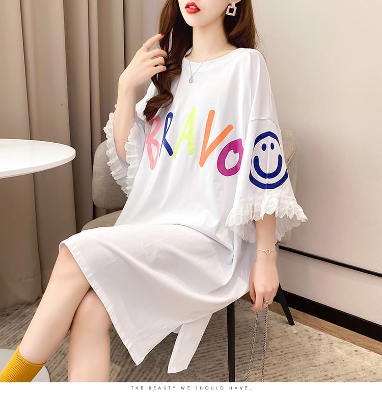 夏新作 オーバーサイズ アルファベット フリル プリントTシャツ 三色 ゆったり半袖ins-3009